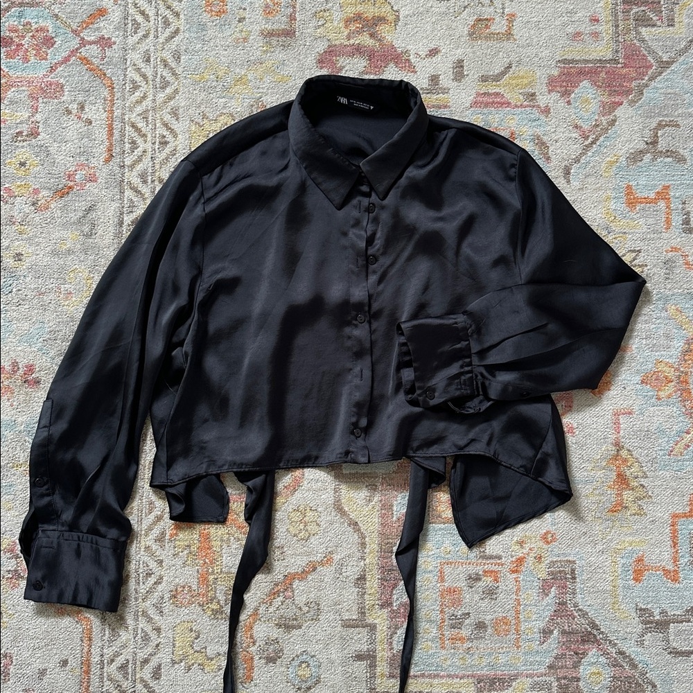 Zara Backless Black Button Up Satin Shirt